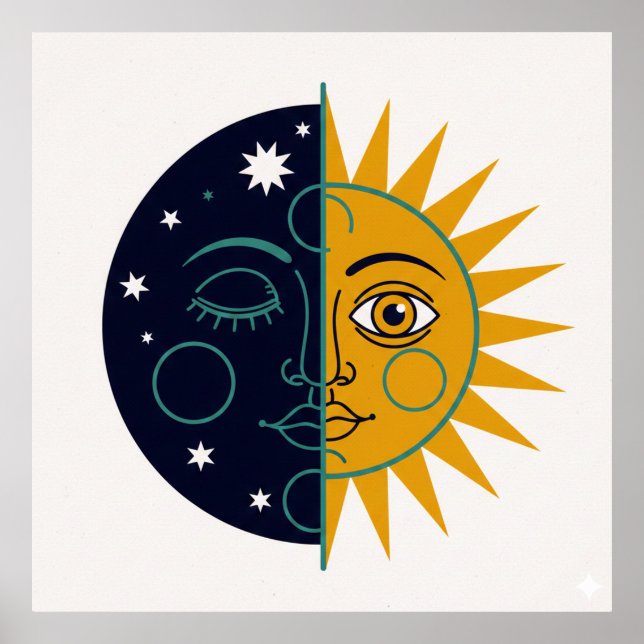 Affiche Retro 70s Celestial Sun Moon Split Face Art Print (Devant)