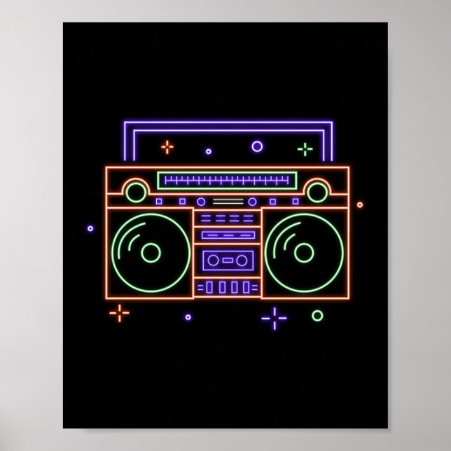 Affiche Retro 80s 90s Neon Radio Ghettoblaster Boombox (Devant)