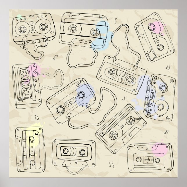 Affiche Retro 80s 90s Nostalgic Cassette Mix Tape Pattern (Devant)