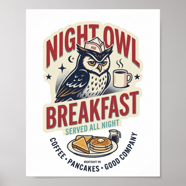 Affiche Rétro 80s Breakfast Night Owl Mat Matte (Devant)