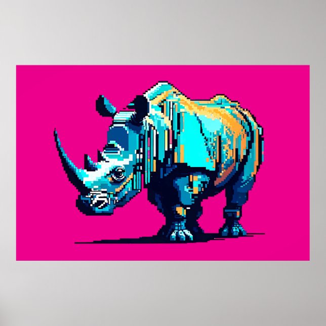 Affiche Retro 8-Bit Rhinoceros Pixel Art Gamer Room (Devant)