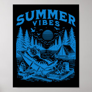 Affiche Retro 90s Summer Vibes Cat Camping Funny Cat Meme