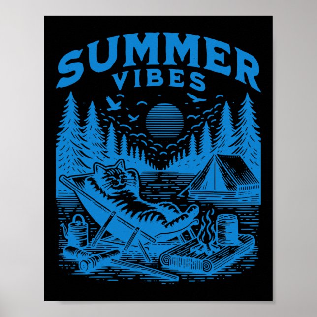 Affiche Retro 90s Summer Vibes Cat Camping Funny Cat Meme (Devant)