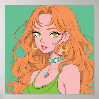 Affiche Retro Anime Girl with Ginger Hair and Green Eyes