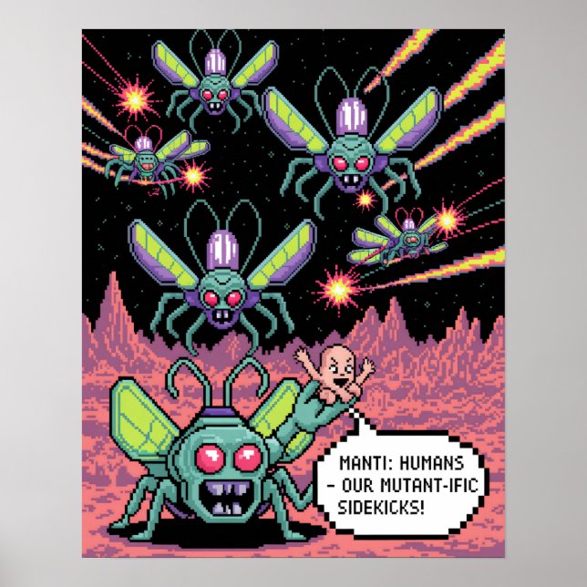 Affiche Retro Arcade Manti Aliens Pixel Art - Funny Defend (Devant)