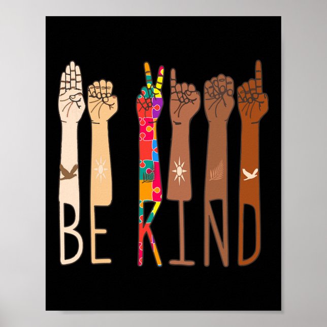 Affiche Retro Be Kind Hand Sign Language Asl Puzzle Autism (Devant)