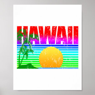 Affiche Retro Beach Hawaii coucher de soleil