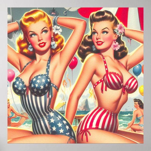 Affiche Retro Beach Party Pin-ups (Devant)