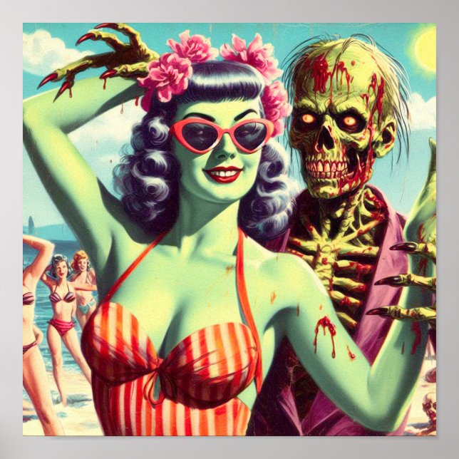 Affiche Retro Beach Zombie Pin Up (Devant)