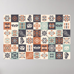Affiche Retro Blue, white and orange Azulejos Pattern Lisb