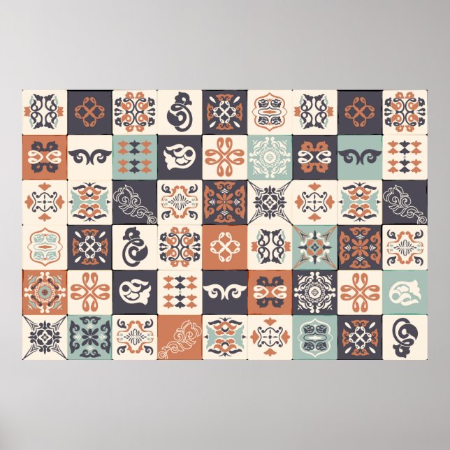 Affiche Retro Blue, white and orange Azulejos Pattern Lisb (Devant)