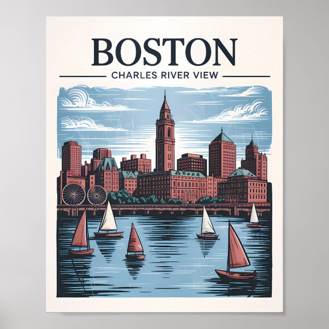 Affiche Retro Boston Sailboat Massachusetts Skyline Travel (Devant)