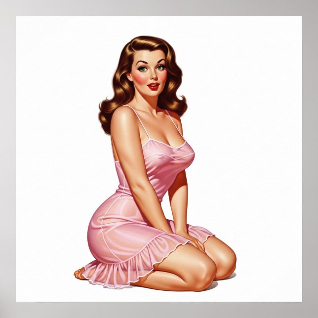 Affiche Retro Brunette Pin-up Girl en rose (Devant)