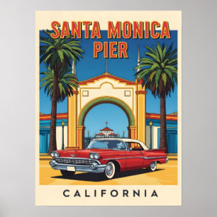 Affiche Retro California rêve Père Noël Monica Pier