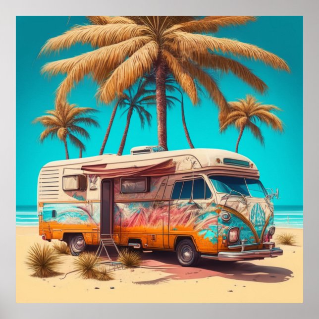 Affiche Rétro camping-car et palmiers (Devant)