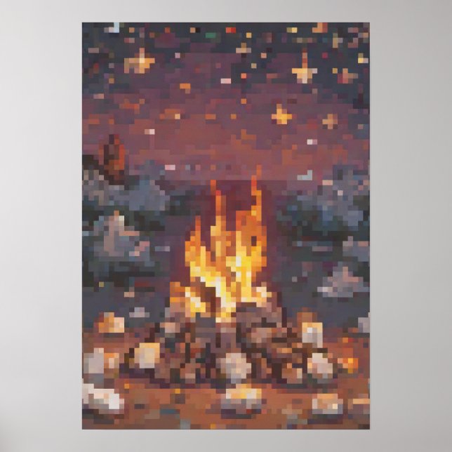 Affiche Retro Camping Pixel Art Design - Glowing Campfire  (Devant)