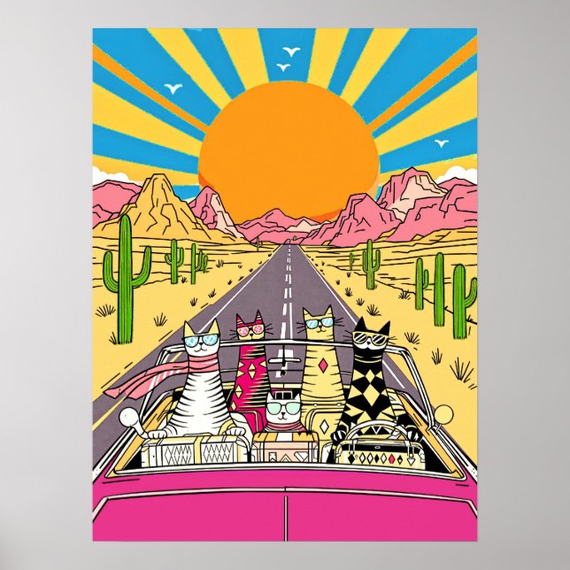 Affiche Retro Cats on Vacation Take a Road Trip (Devant)