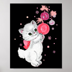 Affiche Rétro Chat Kitten Joue Avec Ornement De Noël Rose
