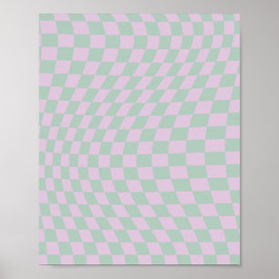 Affiche Retro Checkerboard Sage Green Purple Check Pattern