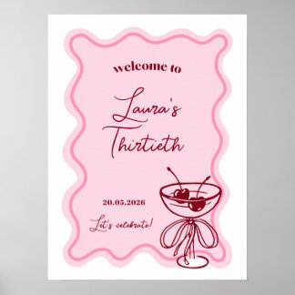 Affiche Retro Cherry Cocktail Birthday Party Welcome Sign