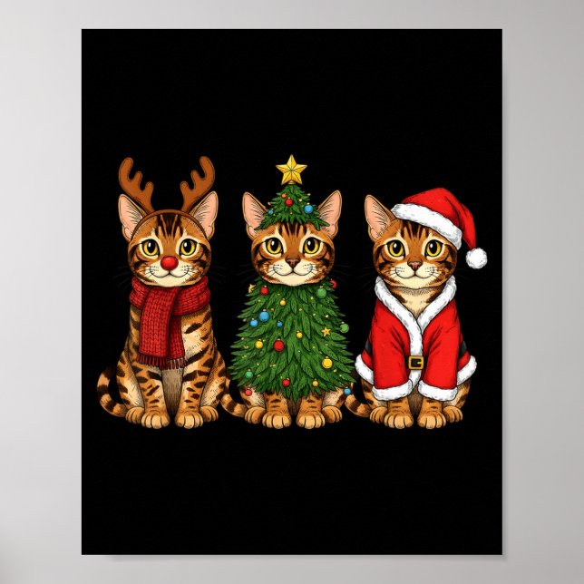 Affiche Retro Christmas Bengal Cat Santa Reindeer  (Devant)