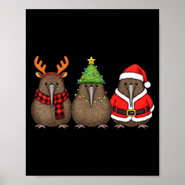 Affiche Retro Christmas Kiwi Bird Santa Reindeer  (Devant)