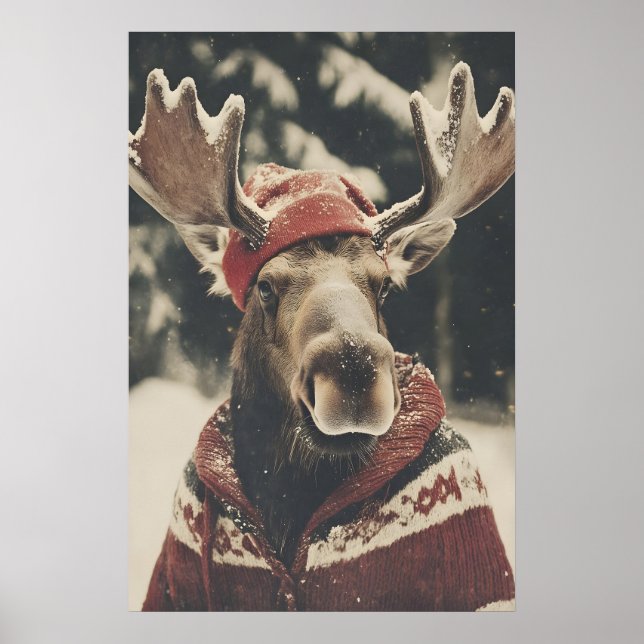 Affiche Retro Christmas Moose Art Print, Holiday Wall (Devant)