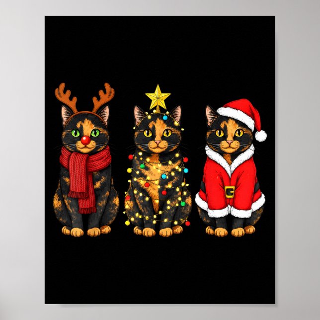 Affiche Retro Christmas Tortoiseshell Cat Santa Reindeer  (Devant)