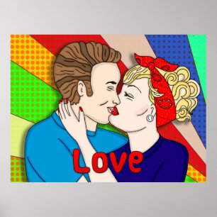 Affiche Retro Couple Kissing, 1950's Pop Art