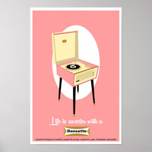 Affiche Rétro Dansette, joueur de disques rose Pop Art