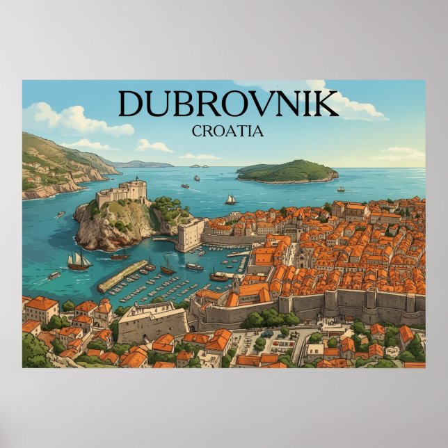 Affiche Retro Dubrovnik Adriatic Coast Illustration Travel (Devant)