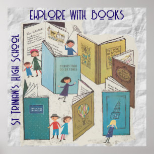 Affiche REtro EN EXPLORATION AVEC LIVRES. Texte modifiable