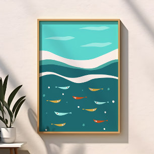 Affiche Rétro Été Vagues Océaniques Mi-Siècle Moderne