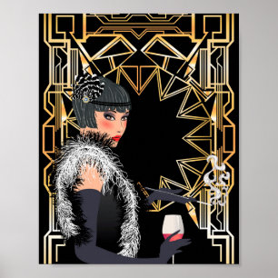Affiche Retro fashion woman with glass of wine
