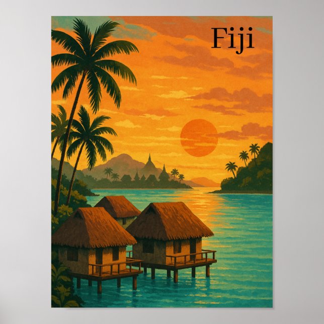 Affiche Retro Fiji Tropical Ocean Bungalows Vue coucher de (Devant)