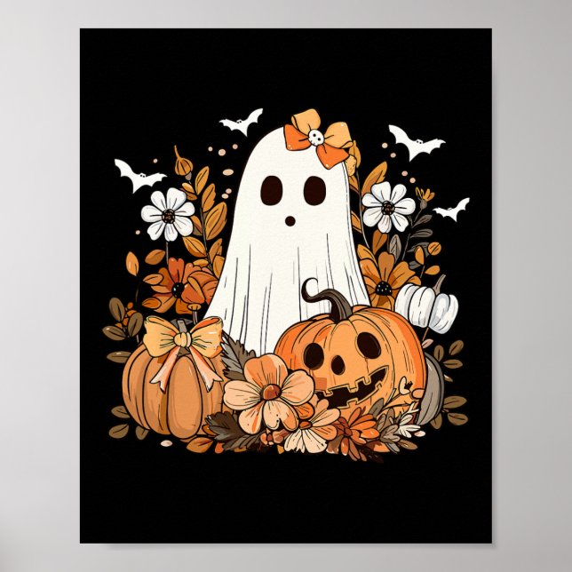 Affiche Retro Floral Ghost mignon Citrouille Automne Hallo (Devant)