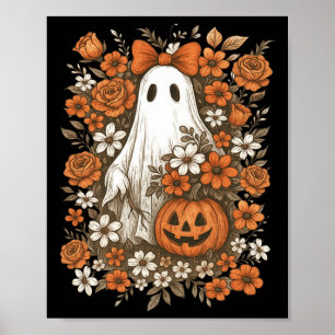 Affiche Retro Floral Ghost mignon Citrouille Automne Hallo