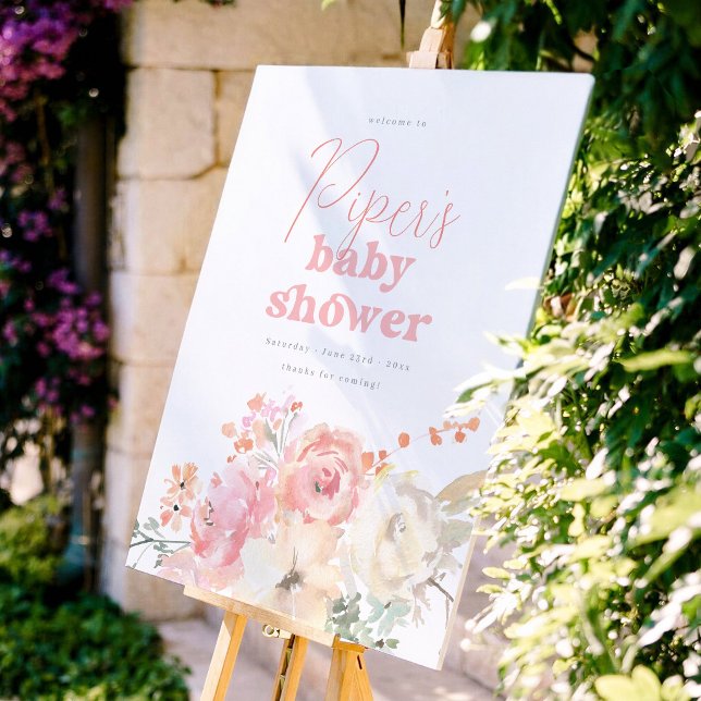 Affiche Retro Floral Pink Girl Baby Shower Welcome Sign (Créateur téléchargé)