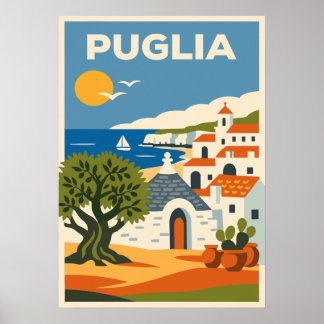 Affiche Rétro Folk Pouilles Italie Oliviers Trullo Voyage