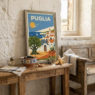 Affiche Retro Folk Pouilles Italie Oliviers Trullo Voyage