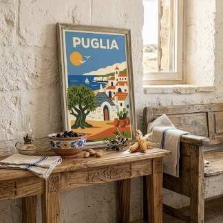Affiche Retro Folk Pouilles Italie Oliviers Trullo Voyage