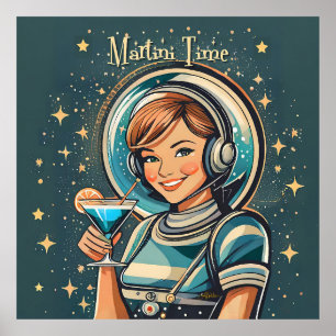 Affiche Rétro Futuriste Astro Fille Martini Time