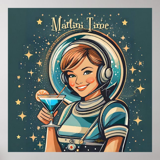 Affiche Rétro Futuriste Astro Fille Martini Time (Devant)