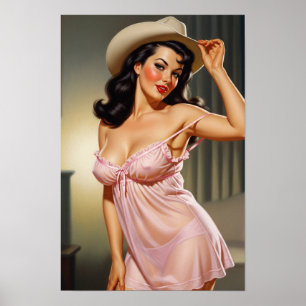 Affiche Retro Girl avec Casquette Cowboy