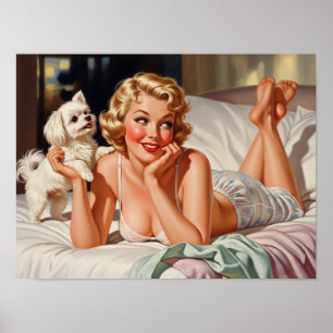 Affiche Retro Girl with Maltese Dog 50's Pin-up Art