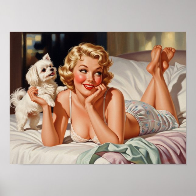 Affiche Retro Girl with Maltese Dog 50's Pin-up Art (Devant)