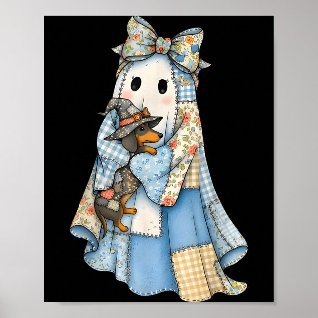 Affiche Retro Halloween Blue Denim Ghost Dachshund Funny  (Devant)