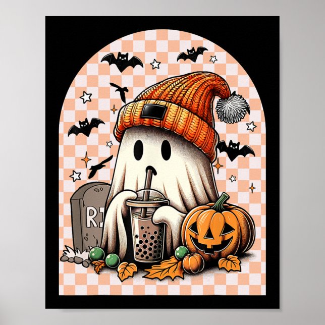 Affiche Retro Halloween Cute Ghost Boire Citrouille de caf (Devant)