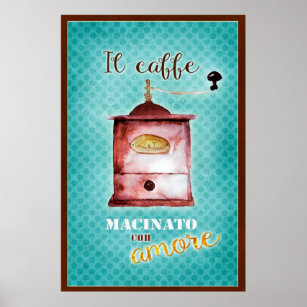 Affiche Retro Italien vintage moulin à café turquoise brun