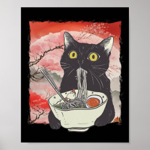 Affiche Retro Japonais Chat Manger Ramen nouilles amusante